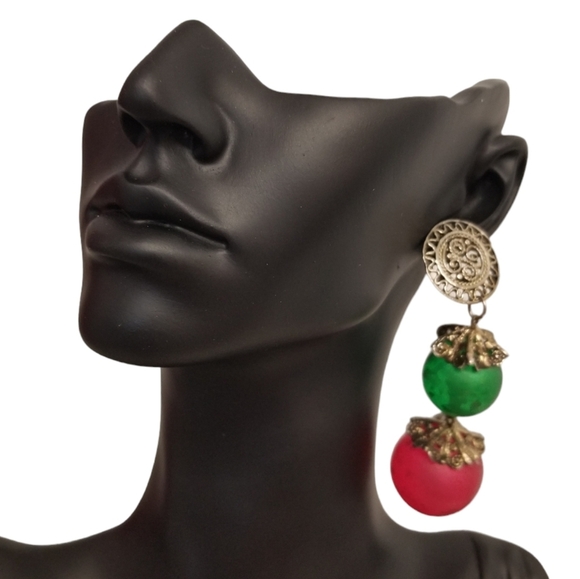 VINTAGE GREEN, RED & PURPLE,  ACRYLIC  HOLLOW BALL DROP STYLE EARRINGS - Picture 2 of 6